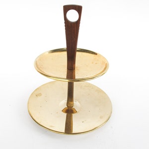 Midcentury Brass Two Tier Tray Serving Platter with Wood Handle image 1
