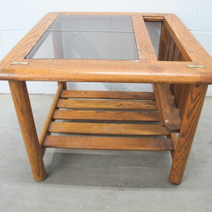 Vintage Oak End Table with Magazine Rack and Glass Top image 1