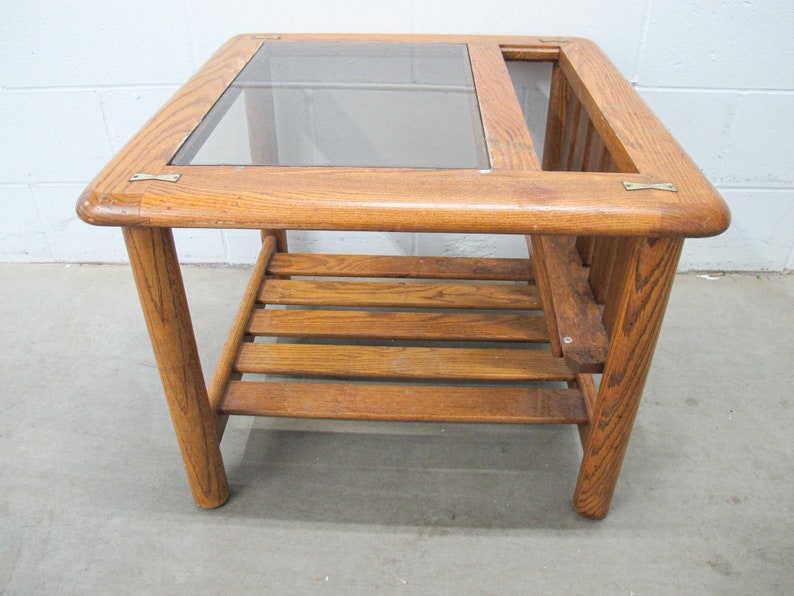 Vintage Oak End Table with Magazine Rack and Glass Top image 1