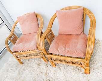 Bamboo Lounge Chairs with Dusty Rose Velvet Cushions and Pillows