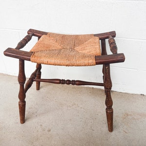 Primitive Curved Woven Rush Bench with Wood Frame image 4