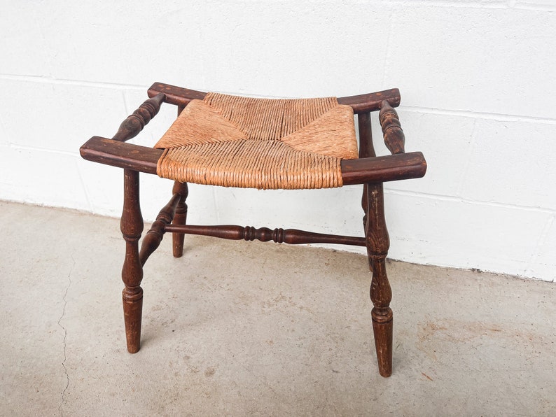 Primitive Curved Woven Rush Bench with Wood Frame image 4