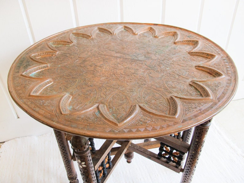 Mixed Metal Copper Top Tray Table with Folding Wood Legs with Inlay image 8