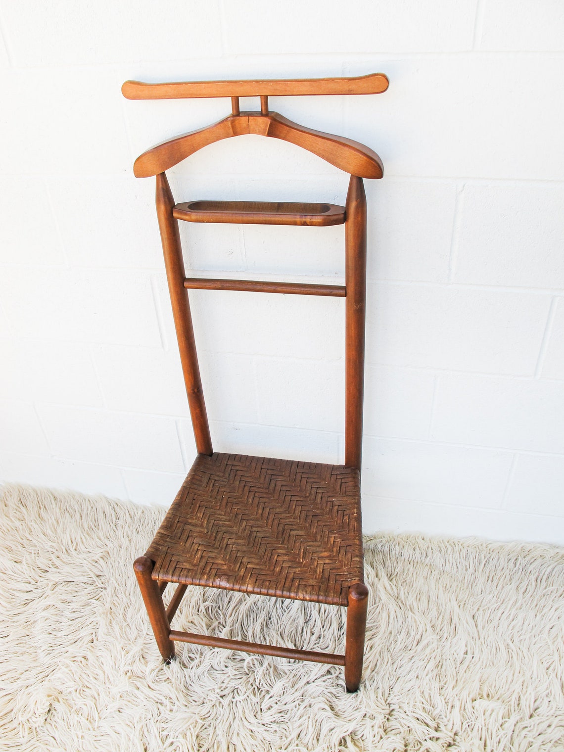 Large Vintage Wood Valet Chair with Woven Seat Etsy