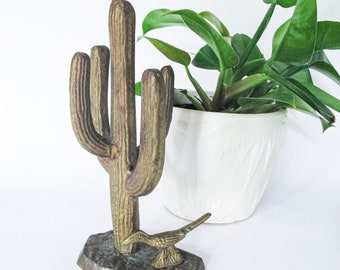 Brass Saguaro Cactus and Roadrunner Sculpture Statue