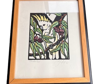 Original Vintage Block Print Cockatoo Art Signed