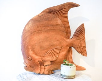 Carved Wood Fish Sculpture Statue Figurine