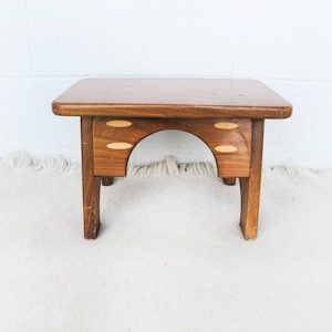 Small Wood Stool with Inlay Detail Block Carved Legs image 1