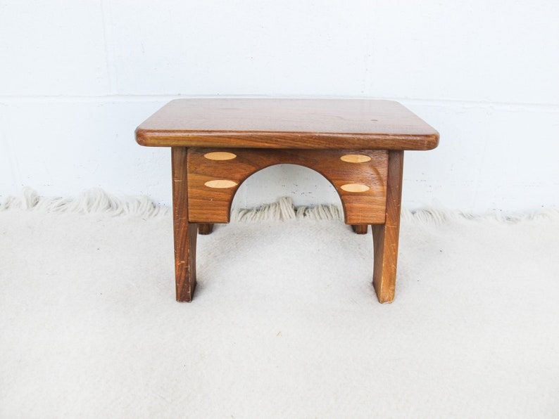 Small Wood Stool with Inlay Detail Block Carved Legs image 1