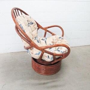 Bamboo Nest Pampasan Chair with Tan and Blue Cushion in Dark Stain image 3