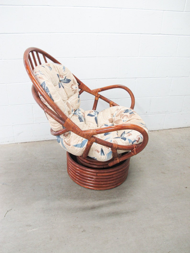 Bamboo Nest Pampasan Chair with Tan and Blue Cushion in Dark Stain image 3
