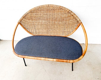 Wicker Midcentury Woven Seattee with Blue Seat Cushion