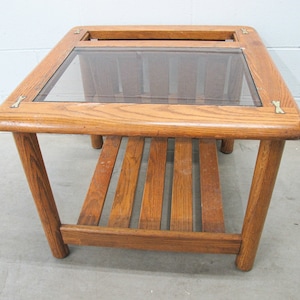 Vintage Oak End Table with Magazine Rack and Glass Top image 2