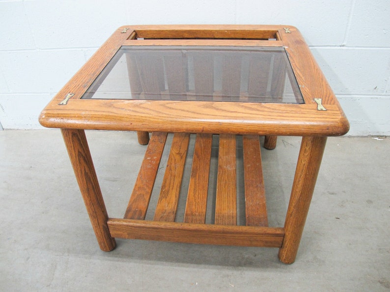 Vintage Oak End Table with Magazine Rack and Glass Top image 2