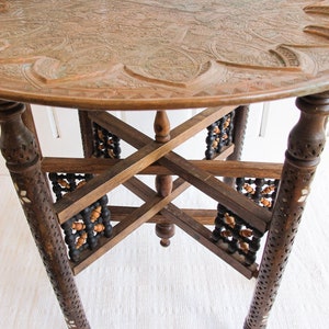 Mixed Metal Copper Top Tray Table with Folding Wood Legs with Inlay image 9