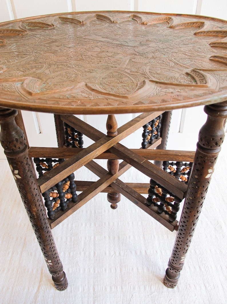 Mixed Metal Copper Top Tray Table with Folding Wood Legs with Inlay image 9