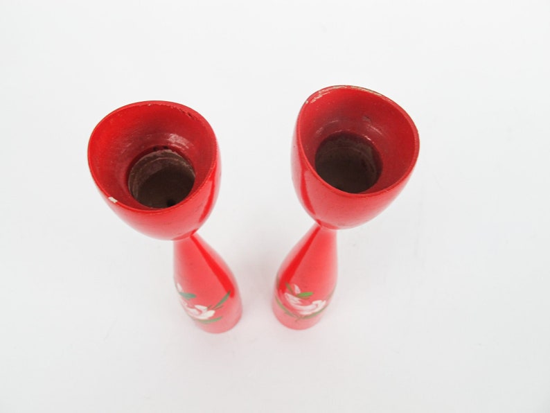 Set of 2 Midcentury Red Candlesticks with Floral painted detailing Marked Denmark image 7