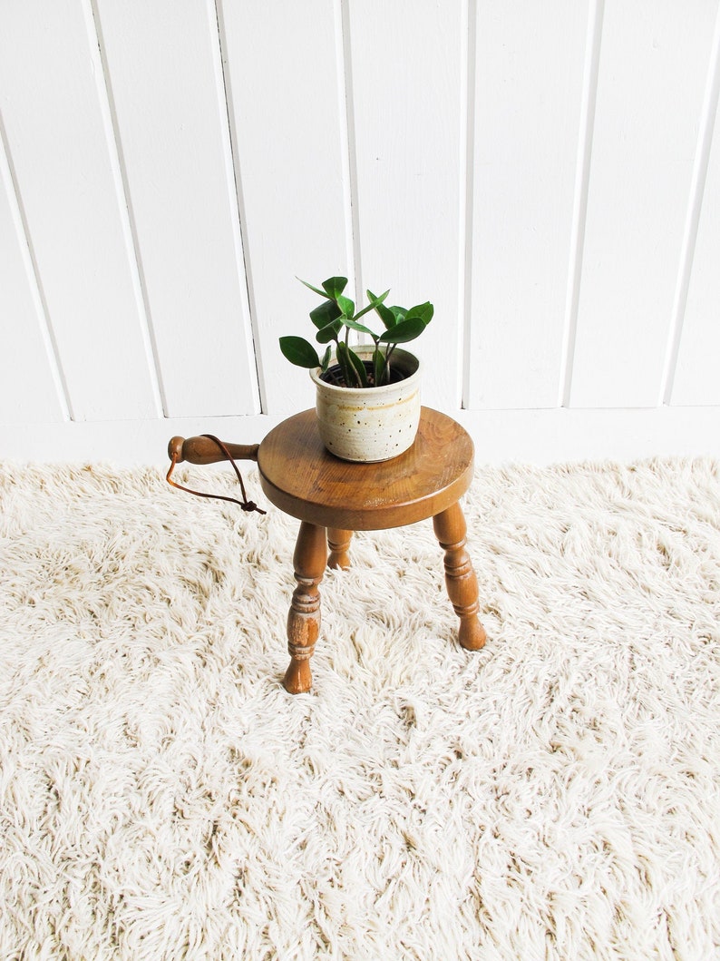 Wood plant Stand Milk Stool with Leather Handle image 1