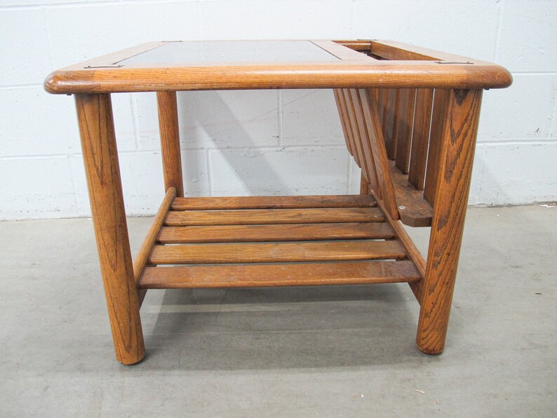 Vintage Oak End Table with Magazine Rack and Glass Top image 8