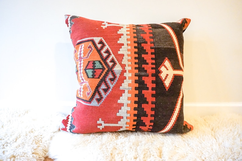 Extra Large Vintage Tribal Red and Faded Black Kilim Pillow