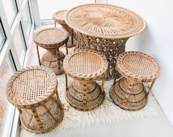 Rattan Table with Five Stools Made In Japan