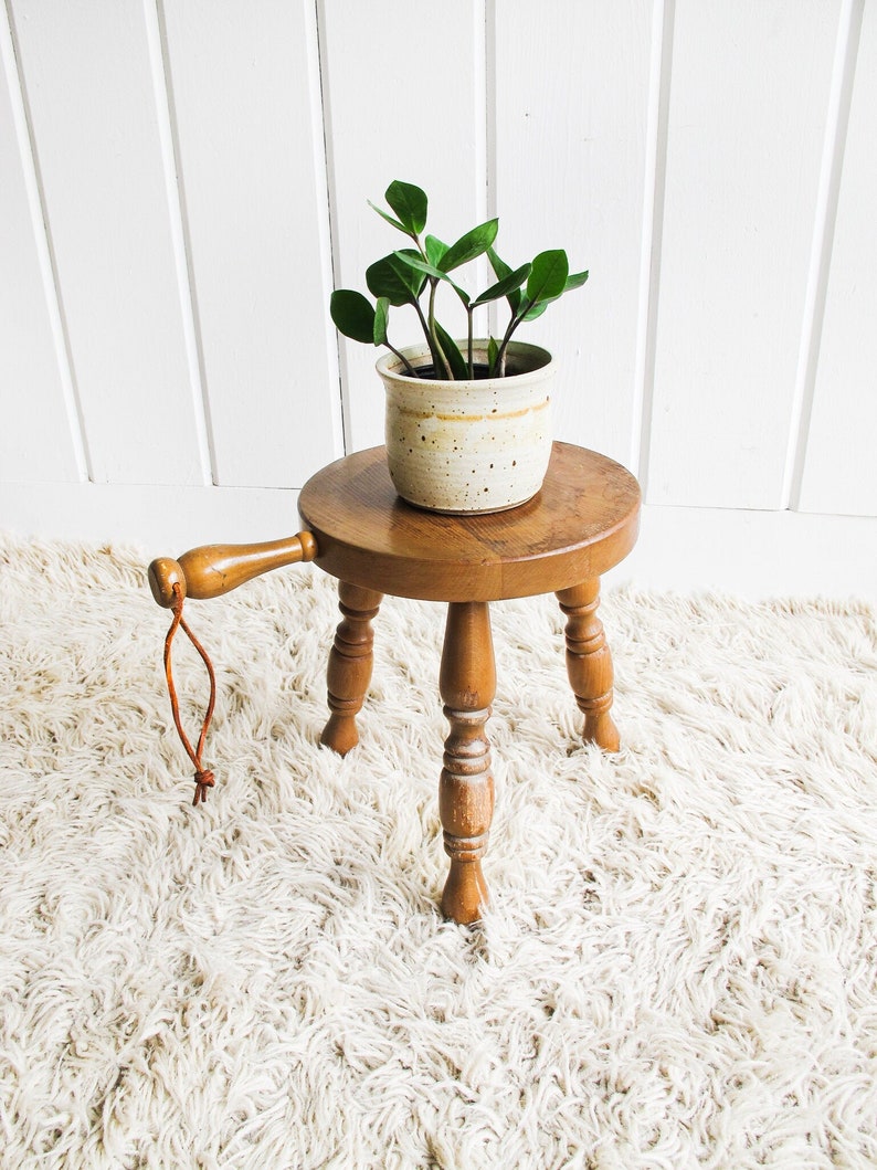 Wood plant Stand Milk Stool with Leather Handle image 9