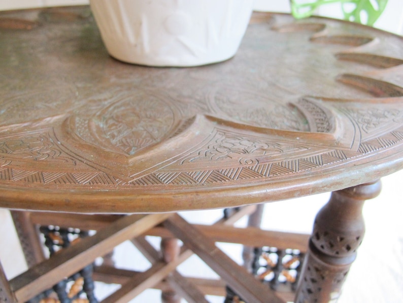 Mixed Metal Copper Top Tray Table with Folding Wood Legs with Inlay image 6