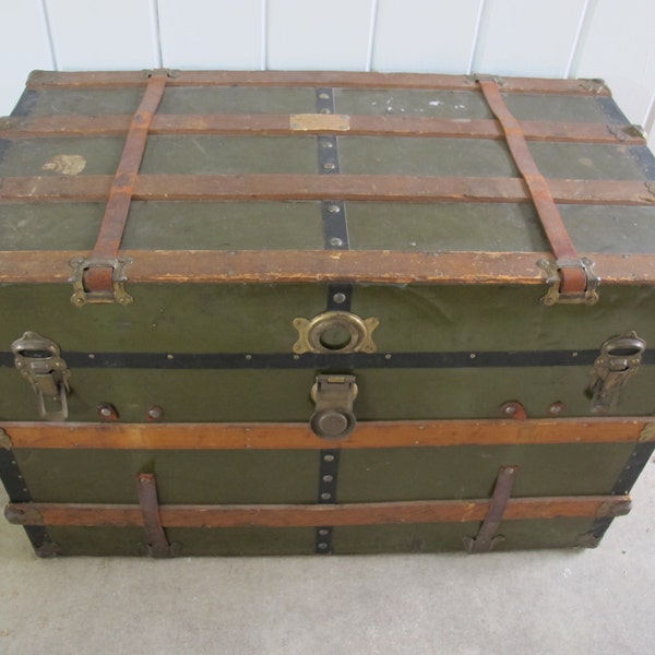 Olive Green Trunk With Original Leather, Metal and Wood Hardware