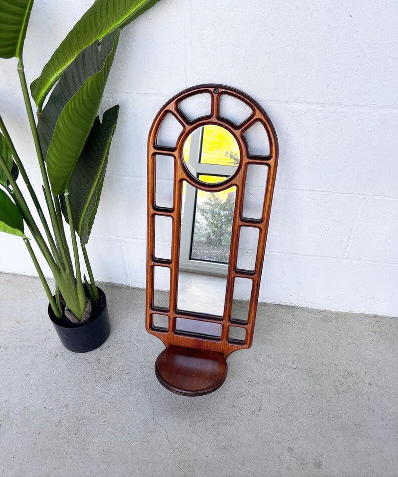 1980s Pine Wood Framed Mirror with Shelf