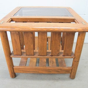 Vintage Oak End Table with Magazine Rack and Glass Top image 5