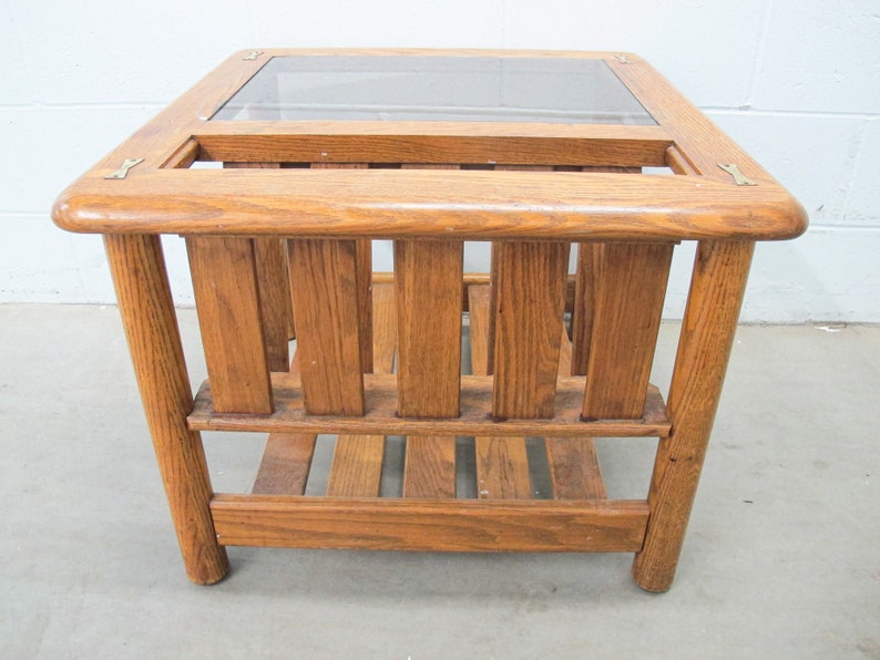 Vintage Oak End Table with Magazine Rack and Glass Top image 5