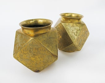 Brass Hexagon Vases with Etched Detailing (2 Available and Sold Separately)
