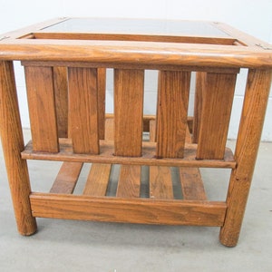 Vintage Oak End Table with Magazine Rack and Glass Top image 6