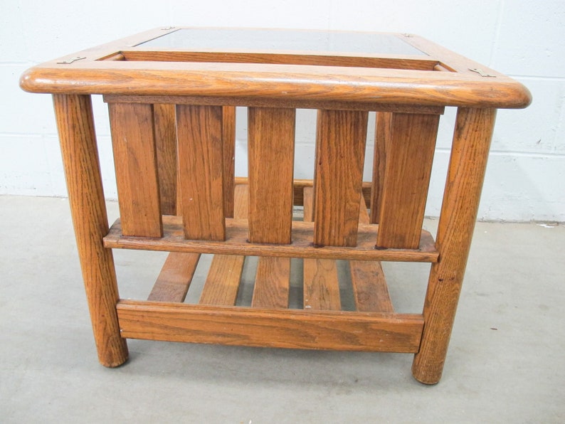 Vintage Oak End Table with Magazine Rack and Glass Top image 6