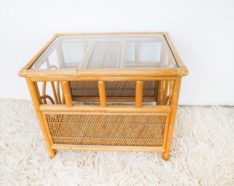 Midcentury Bamboo End Table with Glass Top