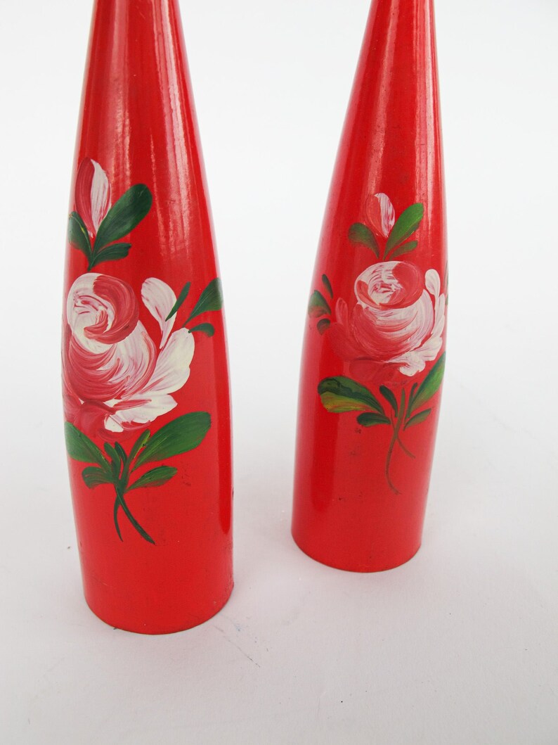 Set of 2 Midcentury Red Candlesticks with Floral painted detailing Marked Denmark image 3