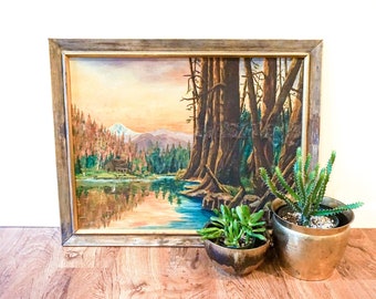 Sunset Lake Landscape Painting with Wood Frame