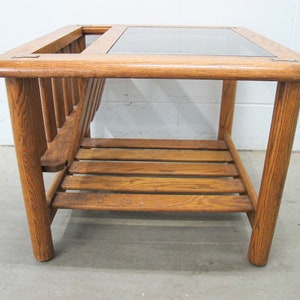 Vintage Oak End Table with Magazine Rack and Glass Top image 3