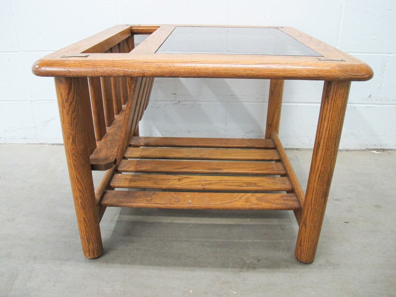 Vintage Oak End Table with Magazine Rack and Glass Top image 3