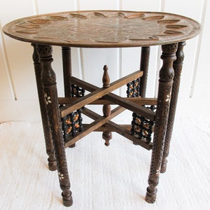 Mixed Metal Copper Top Tray Table with Folding Wood Legs with Inlay image 10