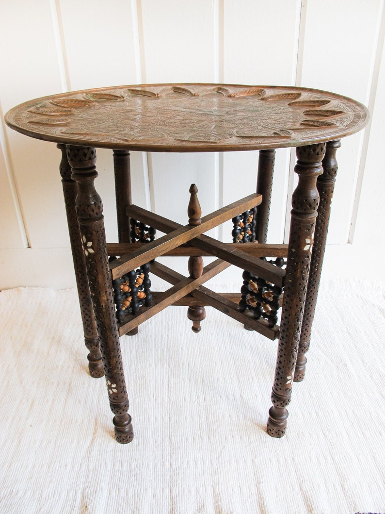 Mixed Metal Copper Top Tray Table with Folding Wood Legs with Inlay image 10