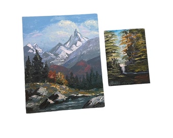 Mountain Forest Landscape Paintings 1970s Canvas Board Vintage