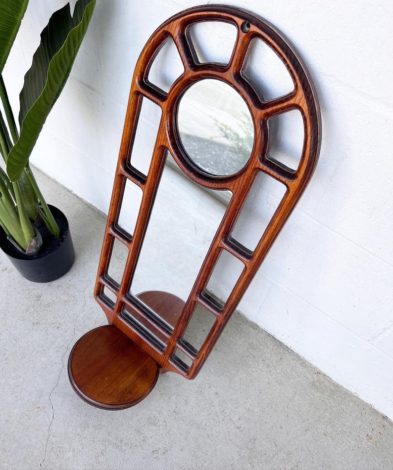 1980s Pine Wood Framed Mirror with Shelf