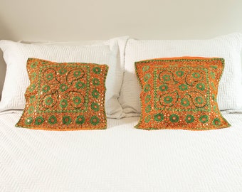 Indian Embroidered Pillowcases with Mirrors in Orange and Green