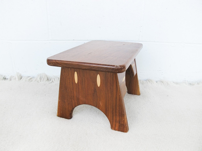 Small Wood Stool with Inlay Detail Block Carved Legs image 3