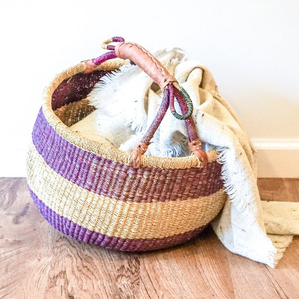 African Woven Market Basket with Leather Handle