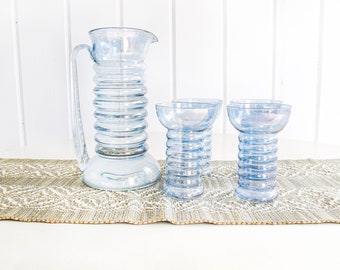 Modern Blue Glass Pitcher and Cup Set of Four