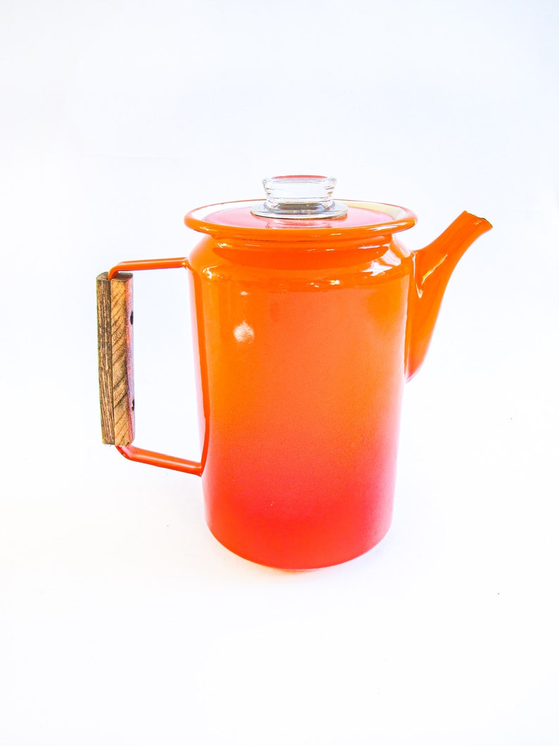 Midcentury Modern Orange Ombre Enamelware Metal Coffee Percolator with Wood Handle and Glass Top Accenting image 2