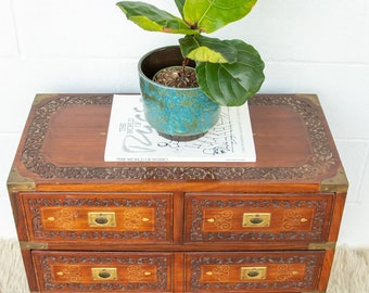 Six Drawer Rose/Teak Wood Cabinet Side Table with Brass Inlay