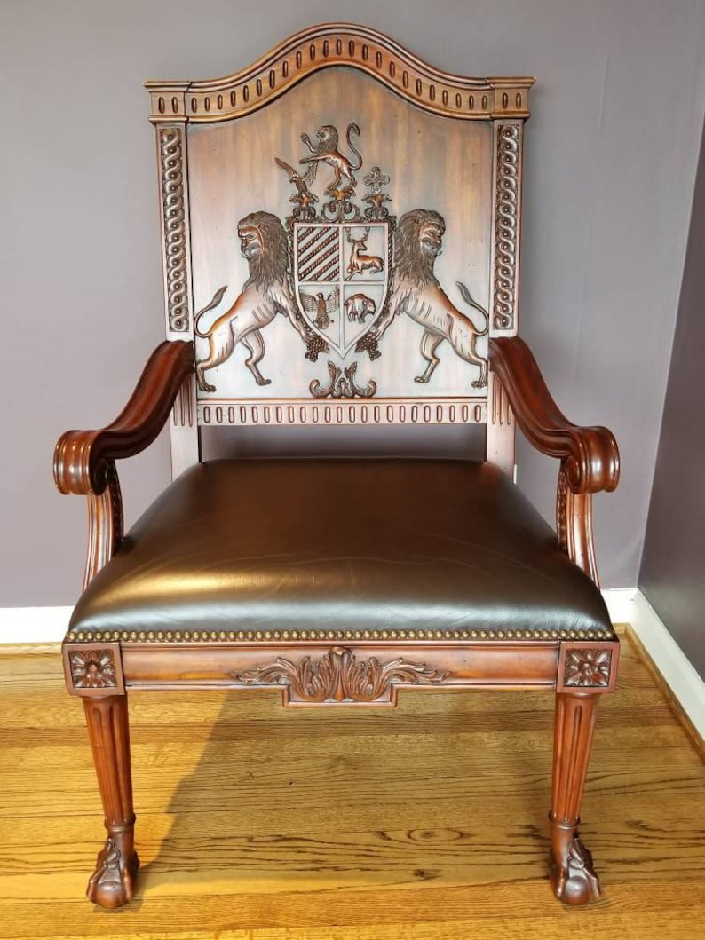 Designer Maitland Smith Hand Carved Crest Wood Chair With Leather Seat Brass Studs
